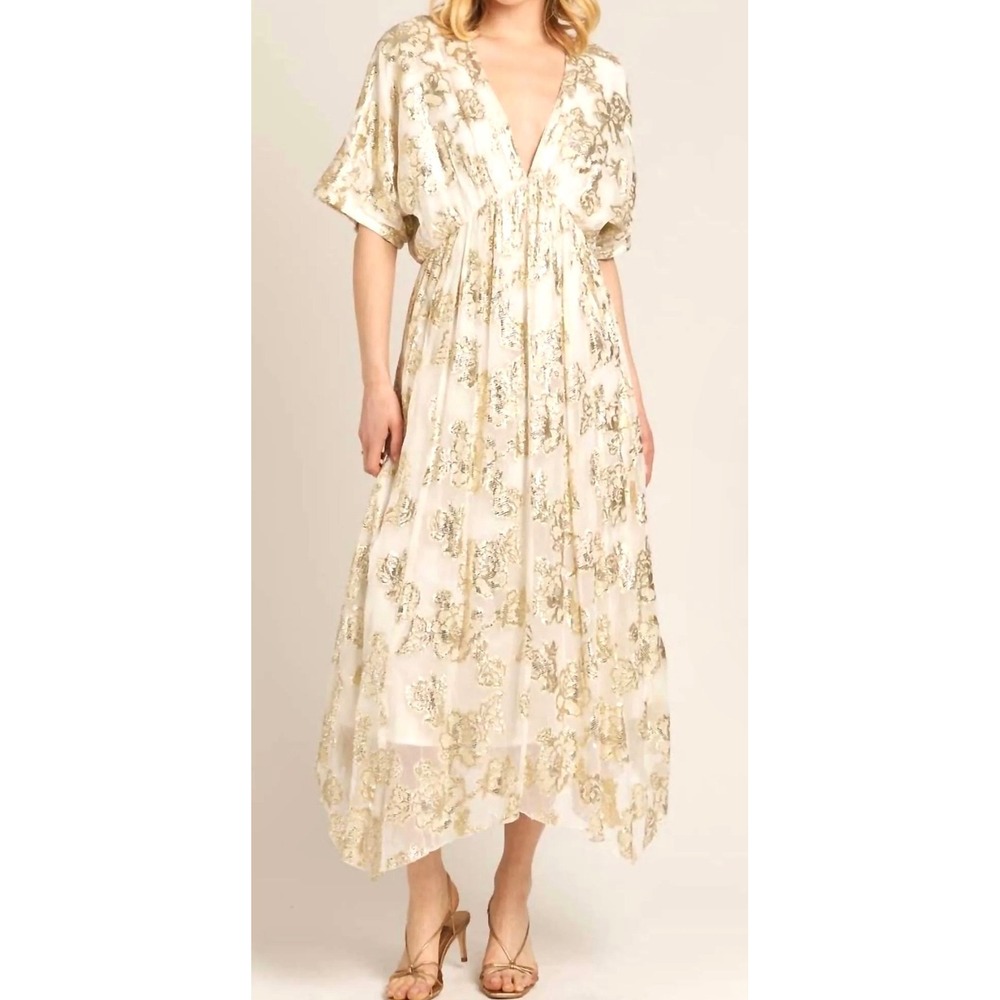 En Creme Kimora Dress Cream Gold Metallic Floral Maxi V-Neck Flutter Sleeve S